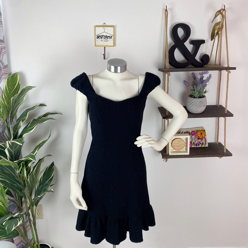 Rebecca Taylor Black Cap Sleeve Stretch Texture Dress